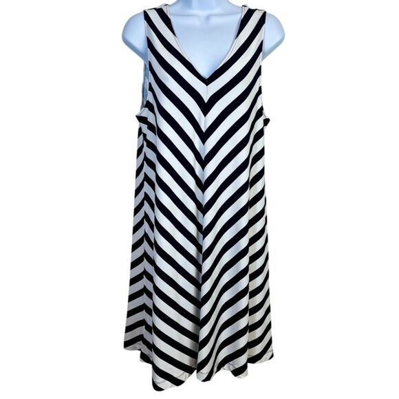 Loft Black & White Striped Sleeveless A-Line Dress With V-Neck, NWT - Picture 3 of 8